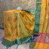 Banarasi Linen Orange Saree with golden zari weave and golden zari boota and Light Green border