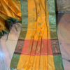 Banarasi Linen Orange Saree with golden zari weave and golden zari boota and Light Green border