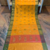 Banarasi Linen Orange Saree with golden zari weave and golden zari boota and Light Green border