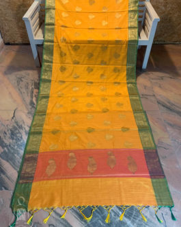 Banarasi Linen Orange Saree with golden zari weave and golden zari boota and Light Green border