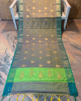 Banarasi Linen Saree in double tone gold and blue color with gold and copper zari work