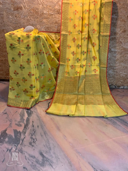 Electric Yellow Banarasi Chanderi Soft Silk Saree