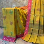 Banarasi Mercerised Cotton Silk saree Turmeric Yellow color with floral antique zari and resham boota on body and resham patta border