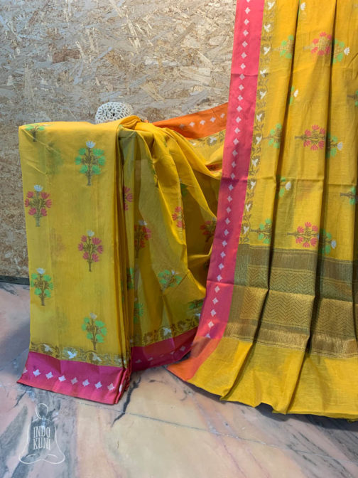 Banarasi Mercerised Cotton Silk saree Turmeric Yellow color with floral antique zari and resham boota on body and resham patta border