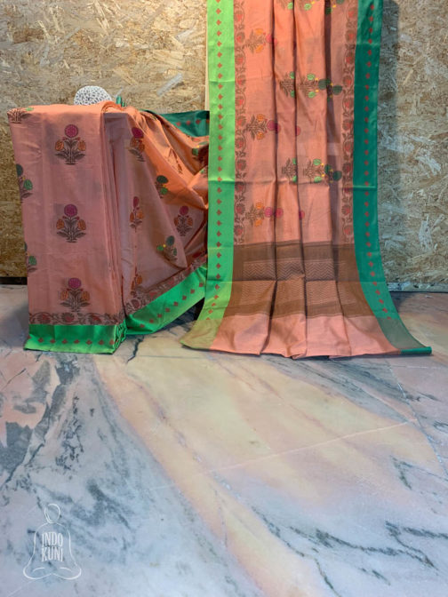 Banarasi Mercerised Cotton Silk saree Peach color with floral antique zari and resham boota on body and resham patta border