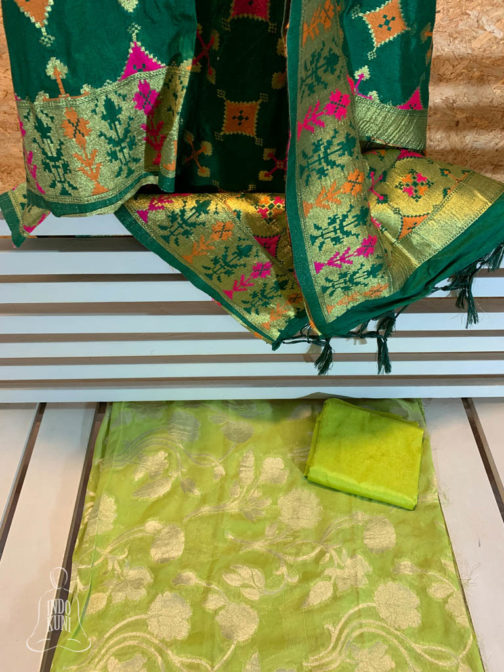 Green Banarasi suit three piece set in Georgette fabric with floral zari work