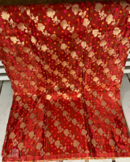 Red Banarasi suit in silk with bandhej woven boota and spiral floral zari work
