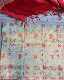 Banarasi suit three piece set in silk, kurta fabric in light pista colour with floral zari jangla weave and Salwar fabric in plain red
