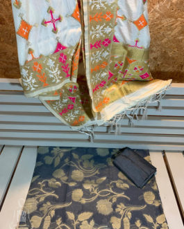 Grey Banarasi suit three piece set in Georgette fabric with floral zari work