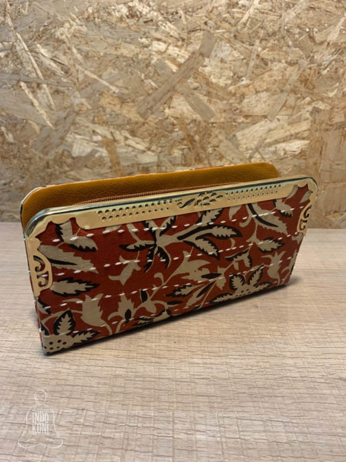 Kantha fabric clutch PU base, red beige black floral print