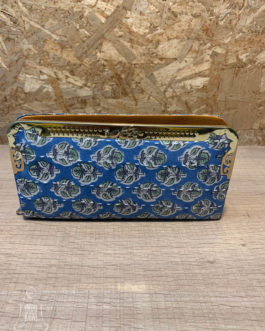 Kantha fabric clutch PU base, blue, white and green floral print