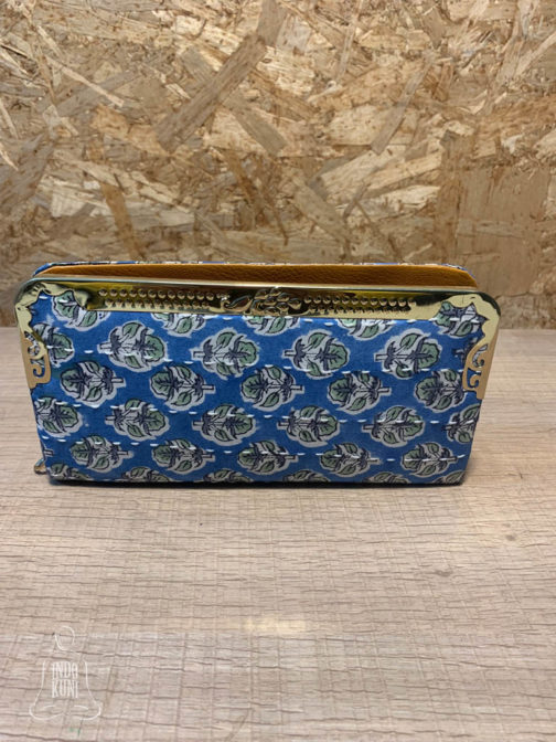 Kantha fabric clutch PU base, blue, white and green floral print