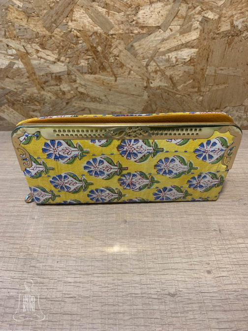 Kantha fabric clutch PU base, yellow, blue and green floral print