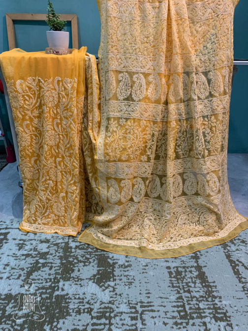Semi Georgette Kesariya Color Lucknowi Chikankari Saree - Indokuni