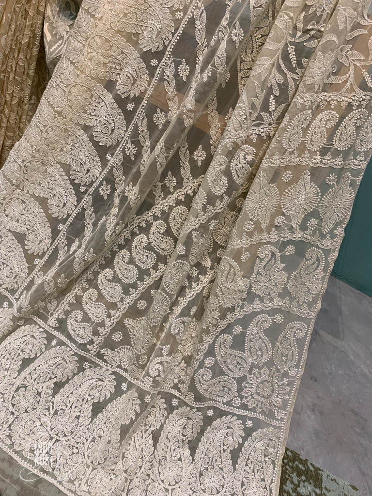 Semi Georgette Beige Color Lucknowi Chikankari Saree - Indokuni