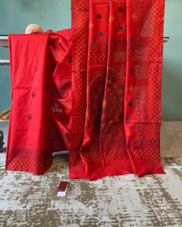 Kantha Hand Stitched Embroidery Red Bangalore Silk Saree