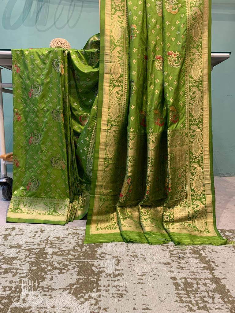 Sap Green Banarasi Soft Silk Saree - Indokuni